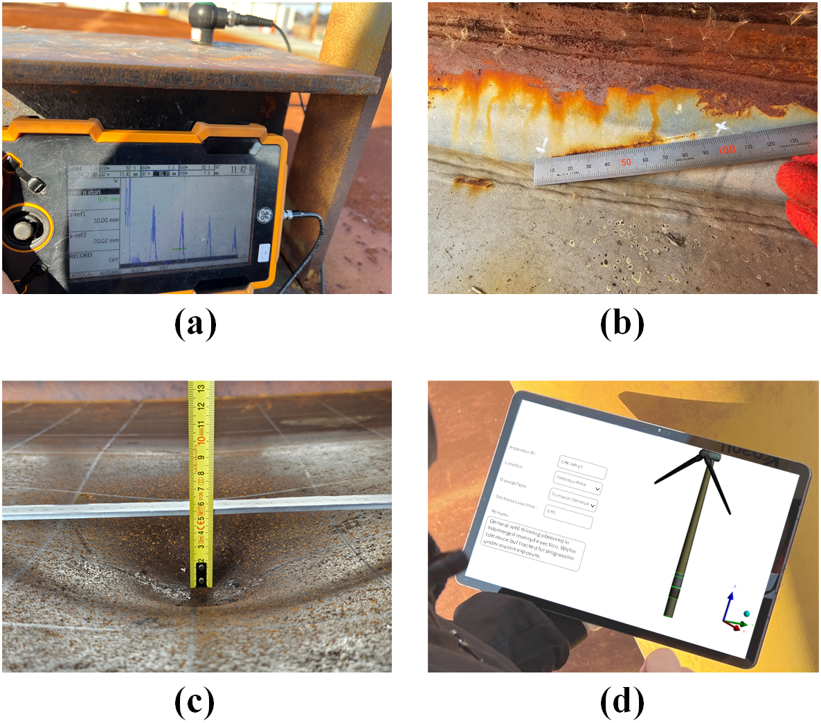 On-site measurements of corrosion wastage, root cracking, and mechanical denting with tablet-based inspection interface